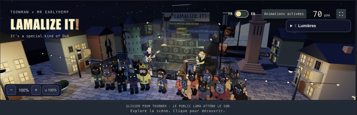 Dub Orbit game: Toonman, Earlyhemp and the llama crowd around the sound system